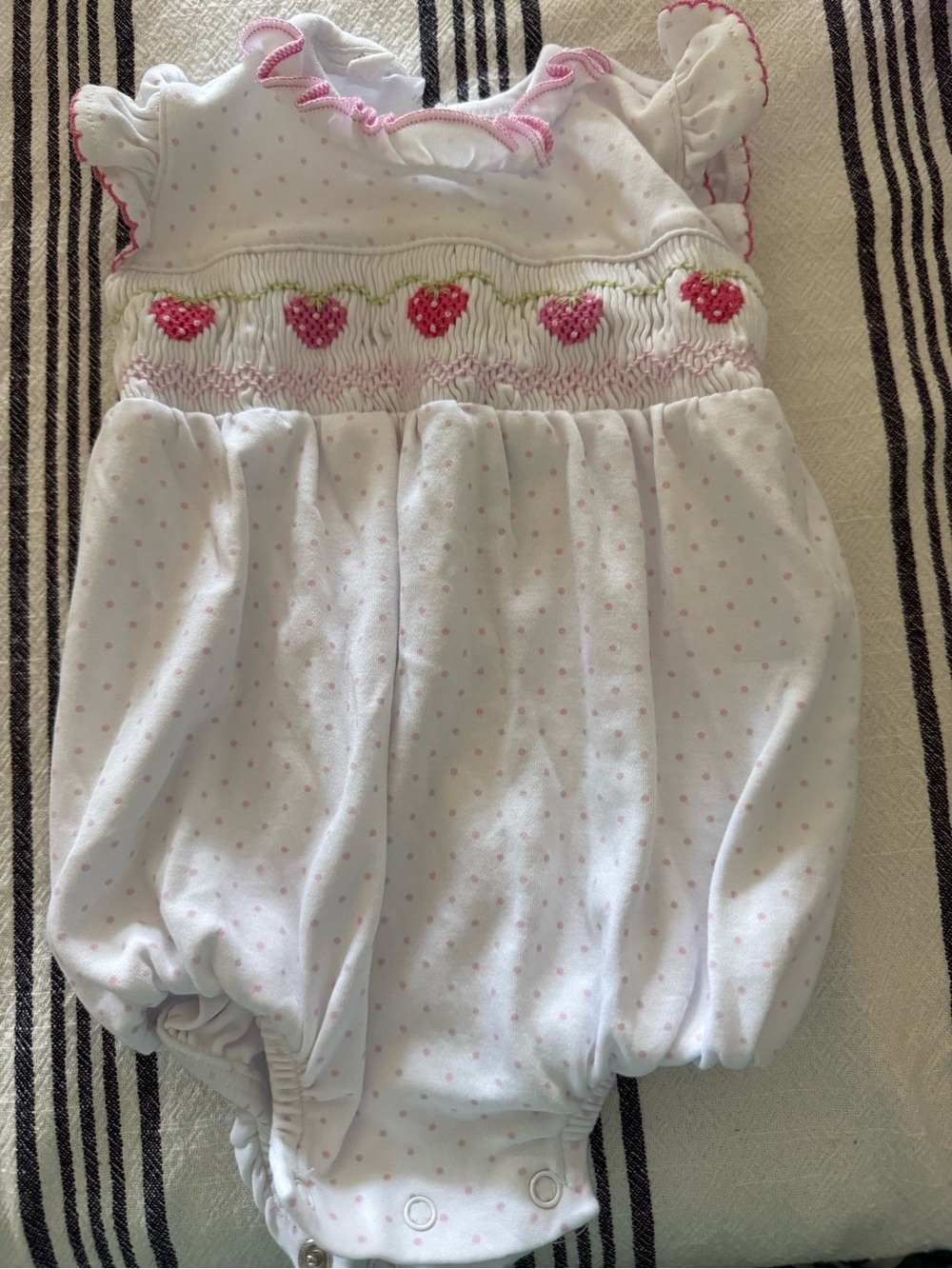 Magnolia Baby - White Baby Bubble Romper with Pink Trim and Strawberry Smocking